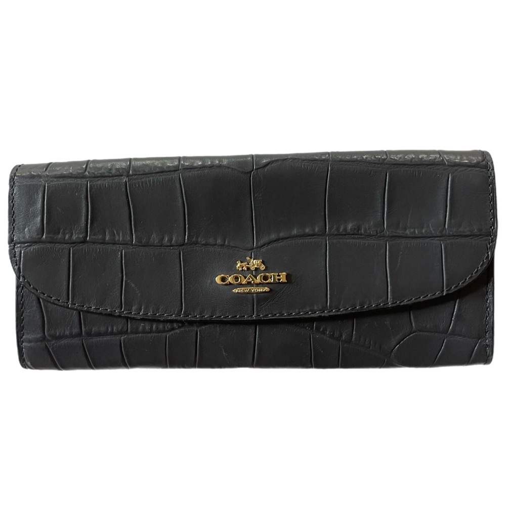 Coach Black Croc-Embossed Leather Continental Wallet with Gold Hardware